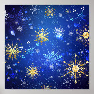 XMAS Blue Background mit goldenen Schneeflocken Poster