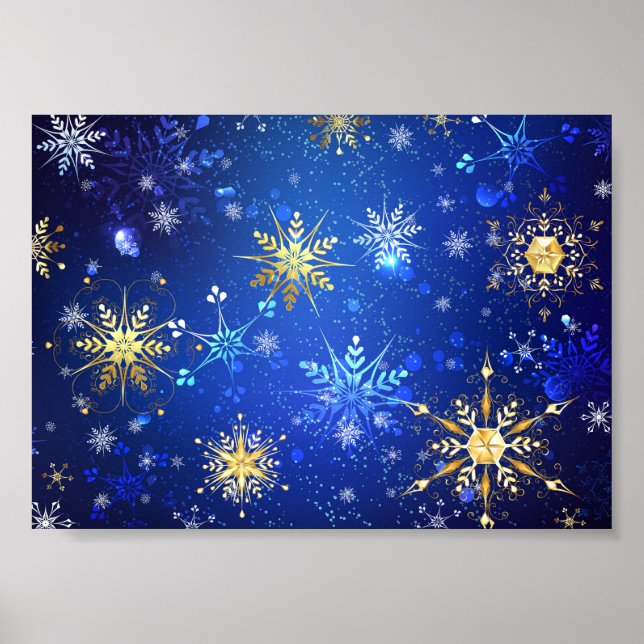 XMAS Blue Background mit goldenen Schneeflocken Poster (Vorne)