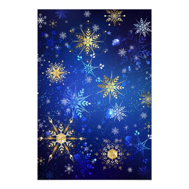 XMAS Blue Background mit goldenen Schneeflocken Poster (Vorderseite)