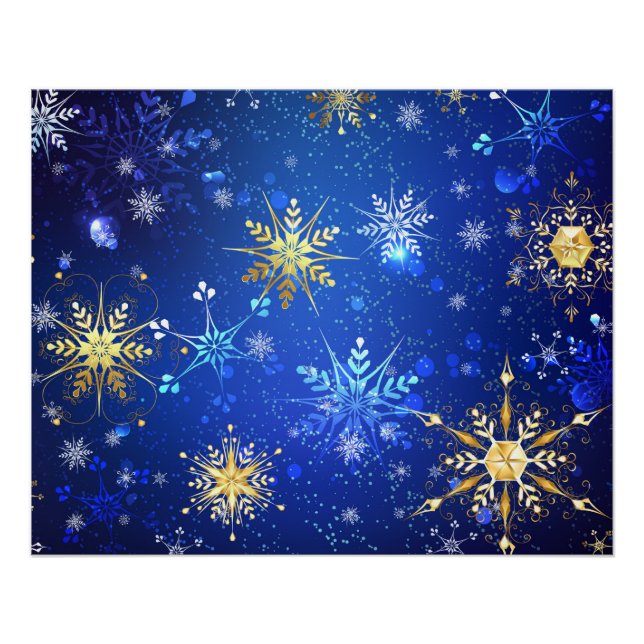 XMAS Blue Background mit goldenen Schneeflocken Poster (Vorderseite)