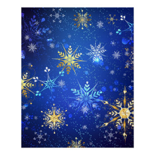 XMAS Blue Background mit goldenen Schneeflocken Poster