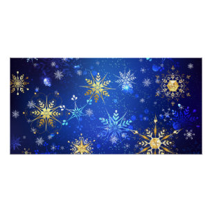 XMAS Blue Background mit goldenen Schneeflocken Poster