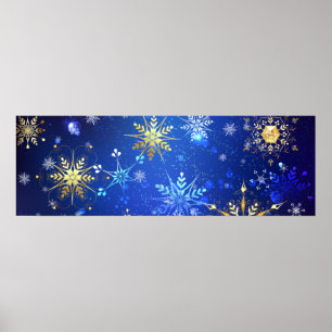 XMAS Blue Background mit goldenen Schneeflocken Poster