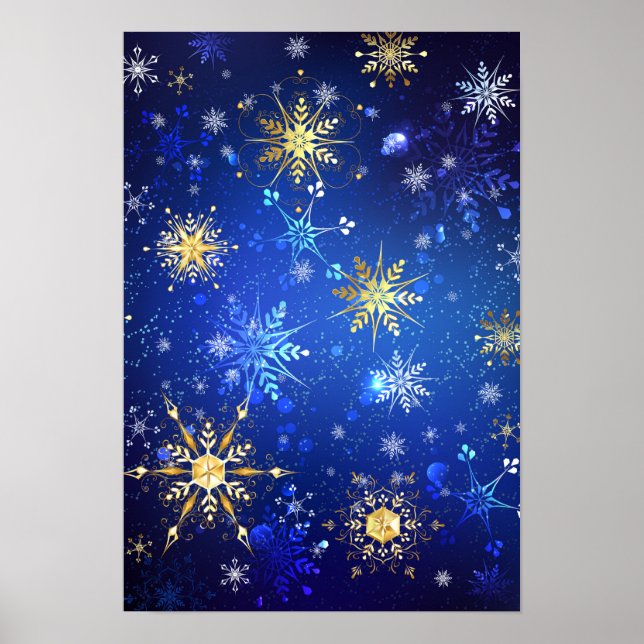 XMAS Blue Background mit goldenen Schneeflocken Poster (Vorne)