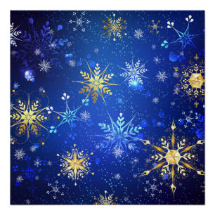 XMAS Blue Background mit goldenen Schneeflocken Poster