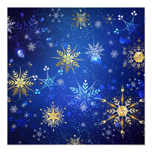 XMAS Blue Background mit goldenen Schneeflocken Poster (Vorderseite)