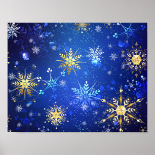 XMAS Blue Background mit goldenen Schneeflocken Poster