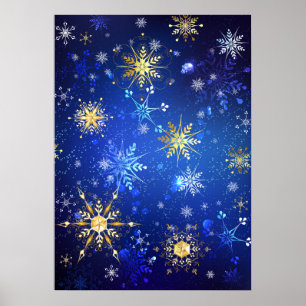 XMAS Blue Background mit goldenen Schneeflocken Poster