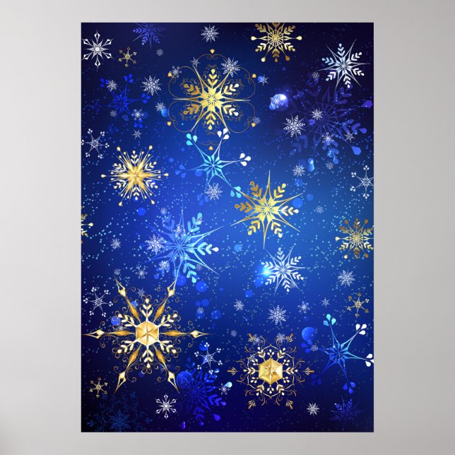 XMAS Blue Background mit goldenen Schneeflocken Poster (Vorne)