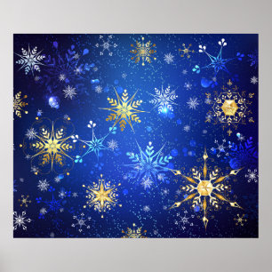 XMAS Blue Background mit goldenen Schneeflocken Poster
