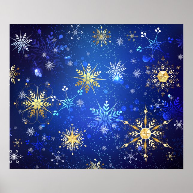 XMAS Blue Background mit goldenen Schneeflocken Poster (Vorne)
