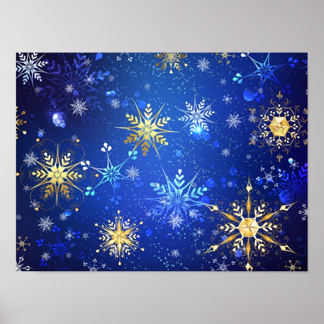 XMAS Blue Background mit goldenen Schneeflocken Poster (Vorne)