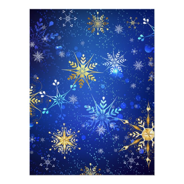 XMAS Blue Background mit goldenen Schneeflocken Poster (Vorderseite)