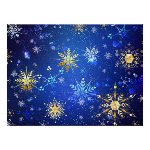 XMAS Blue Background mit goldenen Schneeflocken Poster
