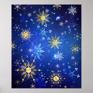 XMAS Blue Background mit goldenen Schneeflocken Poster