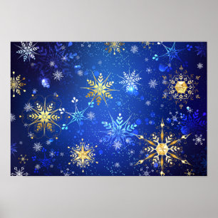 XMAS Blue Background mit goldenen Schneeflocken Poster