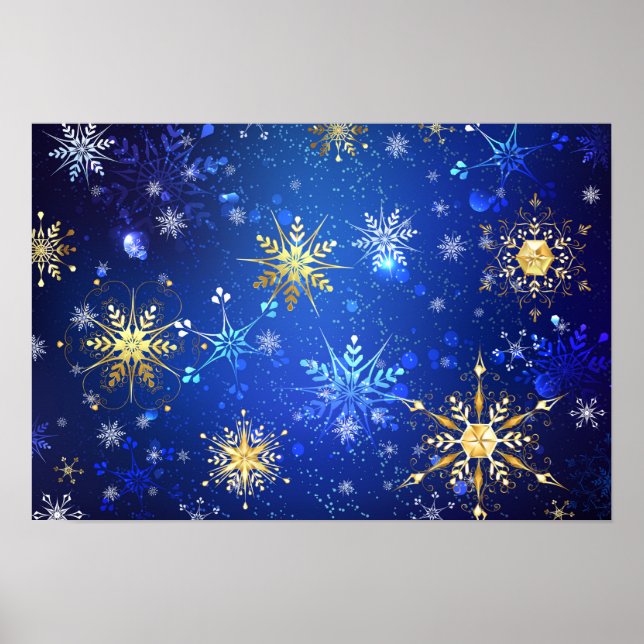 XMAS Blue Background mit goldenen Schneeflocken Poster (Vorne)
