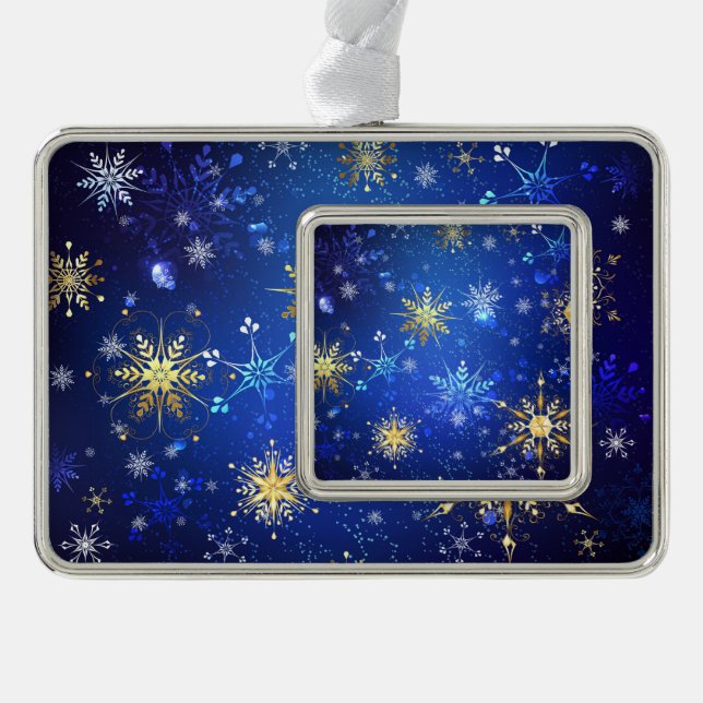 XMAS Blue Background mit goldenen Schneeflocken Rahmen-Ornament Silber (Vorderseite)