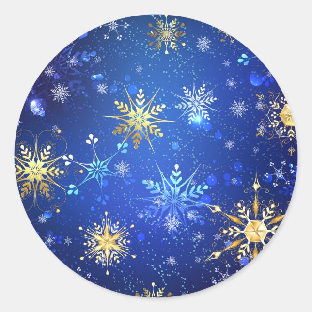 XMAS Blue Background mit goldenen Schneeflocken Runder Aufkleber (Vorderseite)