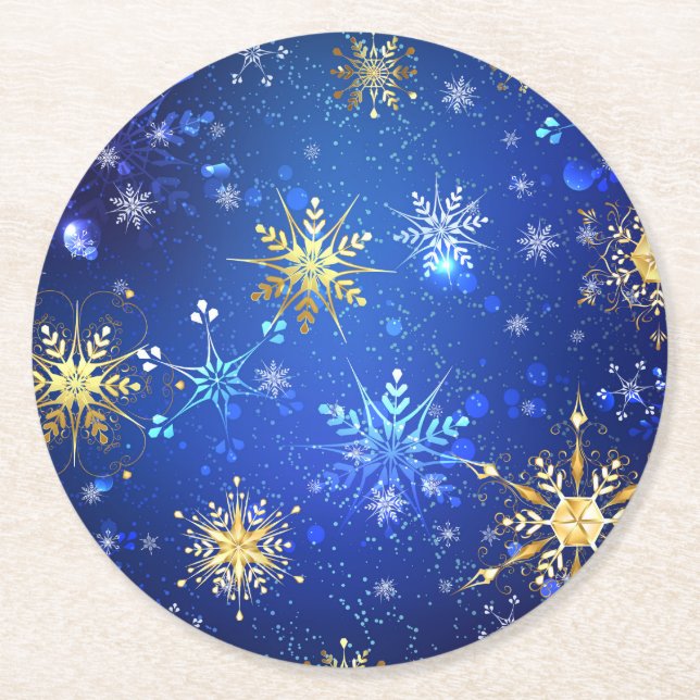 XMAS Blue Background mit goldenen Schneeflocken Runder Pappuntersetzer (Vorderseite)