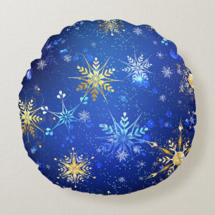 XMAS Blue Background mit goldenen Schneeflocken Rundes Kissen