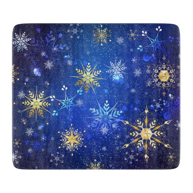 XMAS Blue Background mit goldenen Schneeflocken Schneidebrett (Vorderseite)