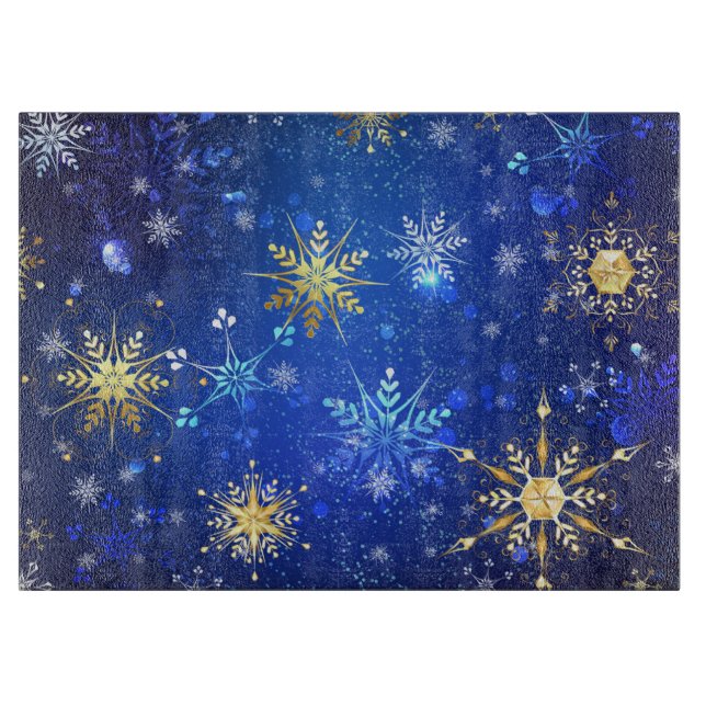 XMAS Blue Background mit goldenen Schneeflocken Schneidebrett (Vorderseite)