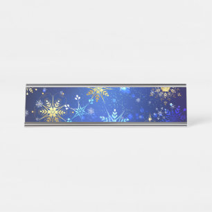 XMAS Blue Background mit goldenen Schneeflocken Schreibtischnamensplakette
