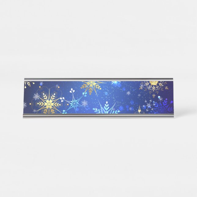XMAS Blue Background mit goldenen Schneeflocken Schreibtischnamensplakette (Vorderseite )