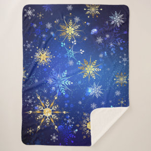 XMAS Blue Background mit goldenen Schneeflocken Sherpadecke