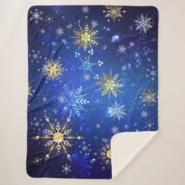 XMAS Blue Background mit goldenen Schneeflocken Sherpadecke (Vorderseite)