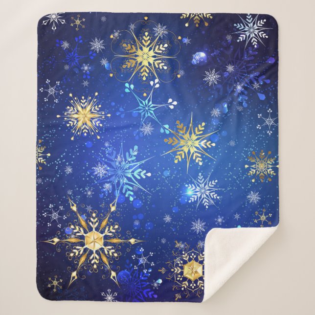 XMAS Blue Background mit goldenen Schneeflocken Sherpadecke (Vorderseite)
