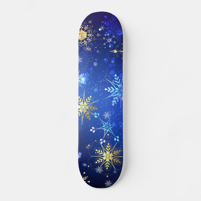 XMAS Blue Background mit goldenen Schneeflocken Skateboard (Vorderseite)