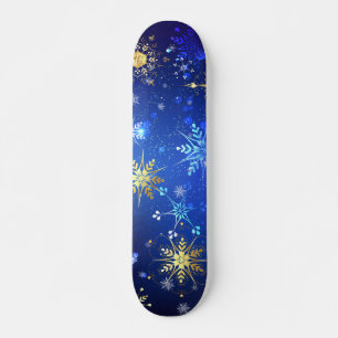 XMAS Blue Background mit goldenen Schneeflocken Skateboard