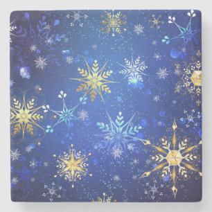 XMAS Blue Background mit goldenen Schneeflocken Steinuntersetzer