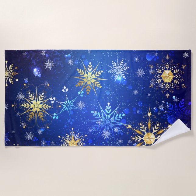 XMAS Blue Background mit goldenen Schneeflocken Strandtuch (Vorderseite)