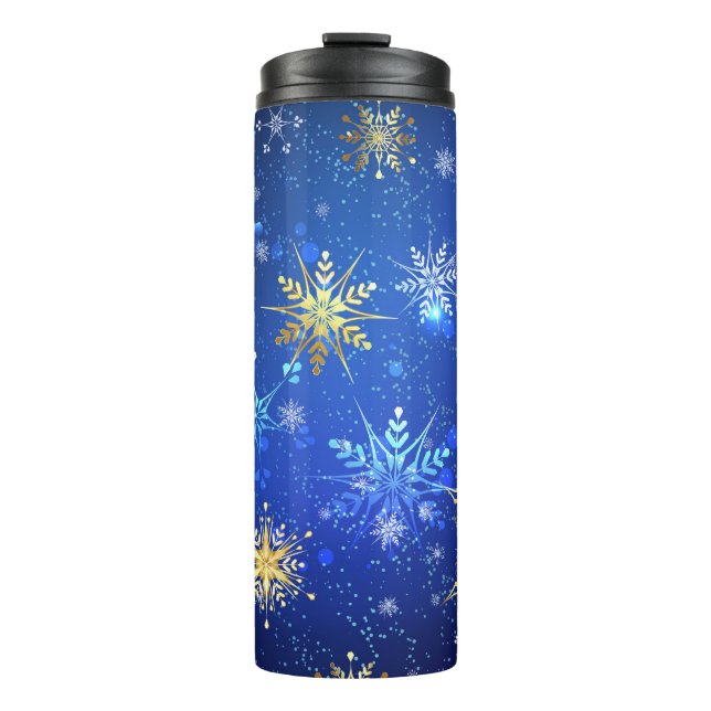 XMAS Blue Background mit goldenen Schneeflocken Thermosbecher (Vorderseite)