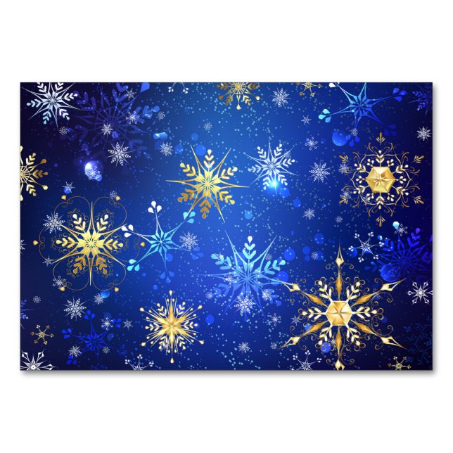 XMAS Blue Background mit goldenen Schneeflocken Tischnummer (Vorderseite)