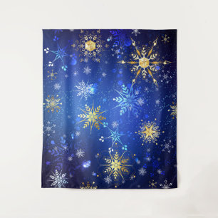 XMAS Blue Background mit goldenen Schneeflocken Wandteppich