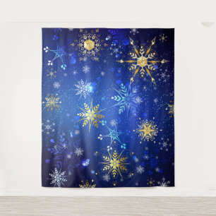 XMAS Blue Background mit goldenen Schneeflocken Wandteppich