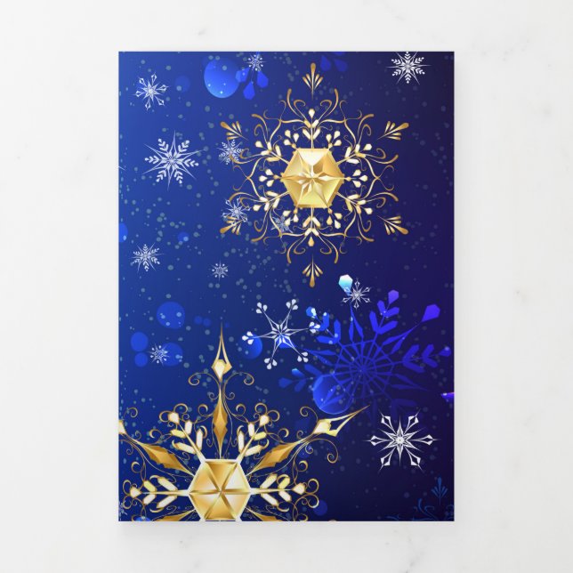 XMAS Blue Background with Golden Snowflakes Dreifach Gefaltete Einladung (Cover)