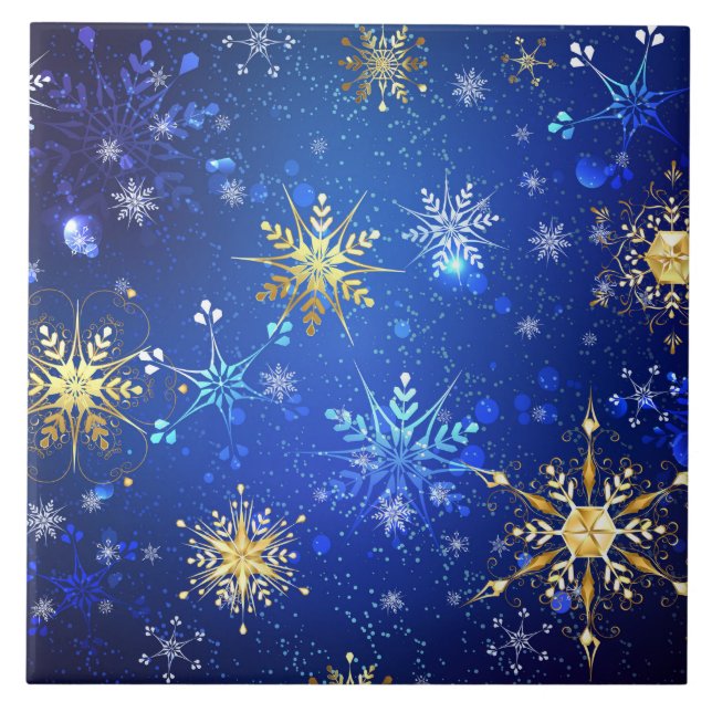 XMAS Blue Background with Golden Snowflakes Fliese (Vorderseite)