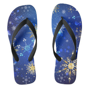 XMAS Blue Background with Golden Snowflakes Flip Flops