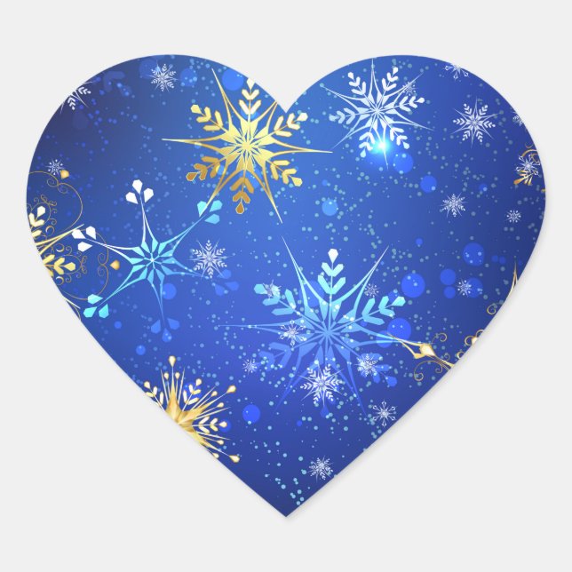 XMAS Blue Background with Golden Snowflakes Herz-Aufkleber (Vorderseite)
