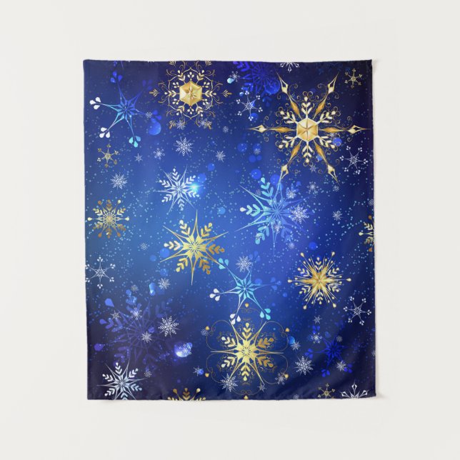 XMAS Blue Background with Golden Snowflakes Wandteppich (Vorderseite)