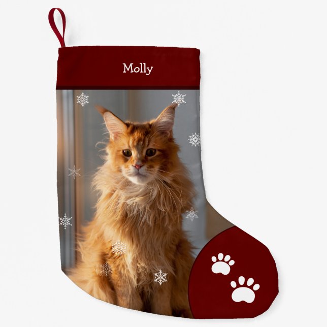 Xmas Cat Foto Holiday Red Personalisiert Groß Kleiner Weihnachtsstrumpf (Vorderseite)