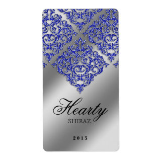 Xmas Damask Wedding Wine Label Sparkle Blue