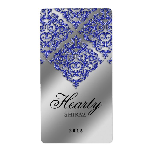 Xmas Damask Wedding Wine Label Sparkle Blue (Vorne)