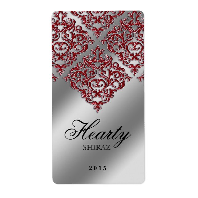 Xmas Damask Wedding Wine Label Sparkle Red (Vorne)