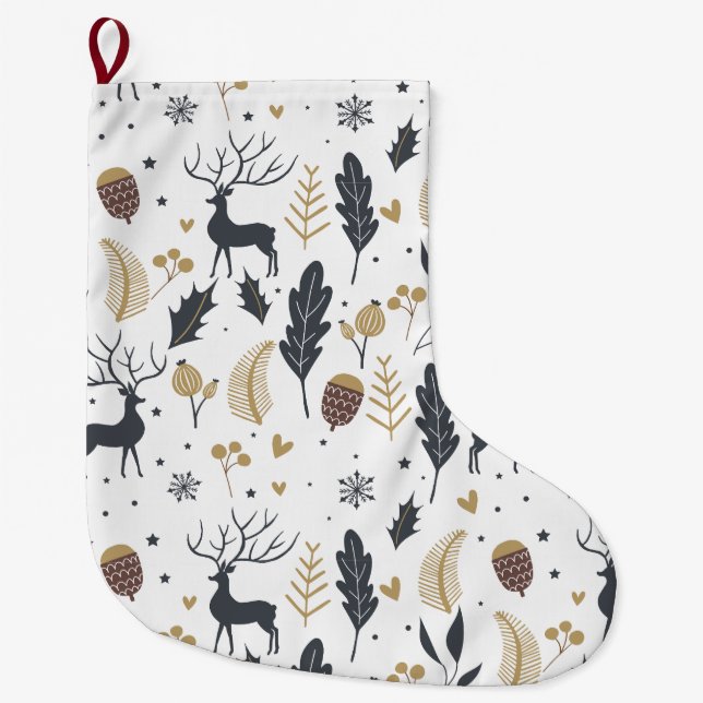 Xmas Deer and Blätter Joyful Greetings Collection Großer Weihnachtsstrumpf (Vorderseite)